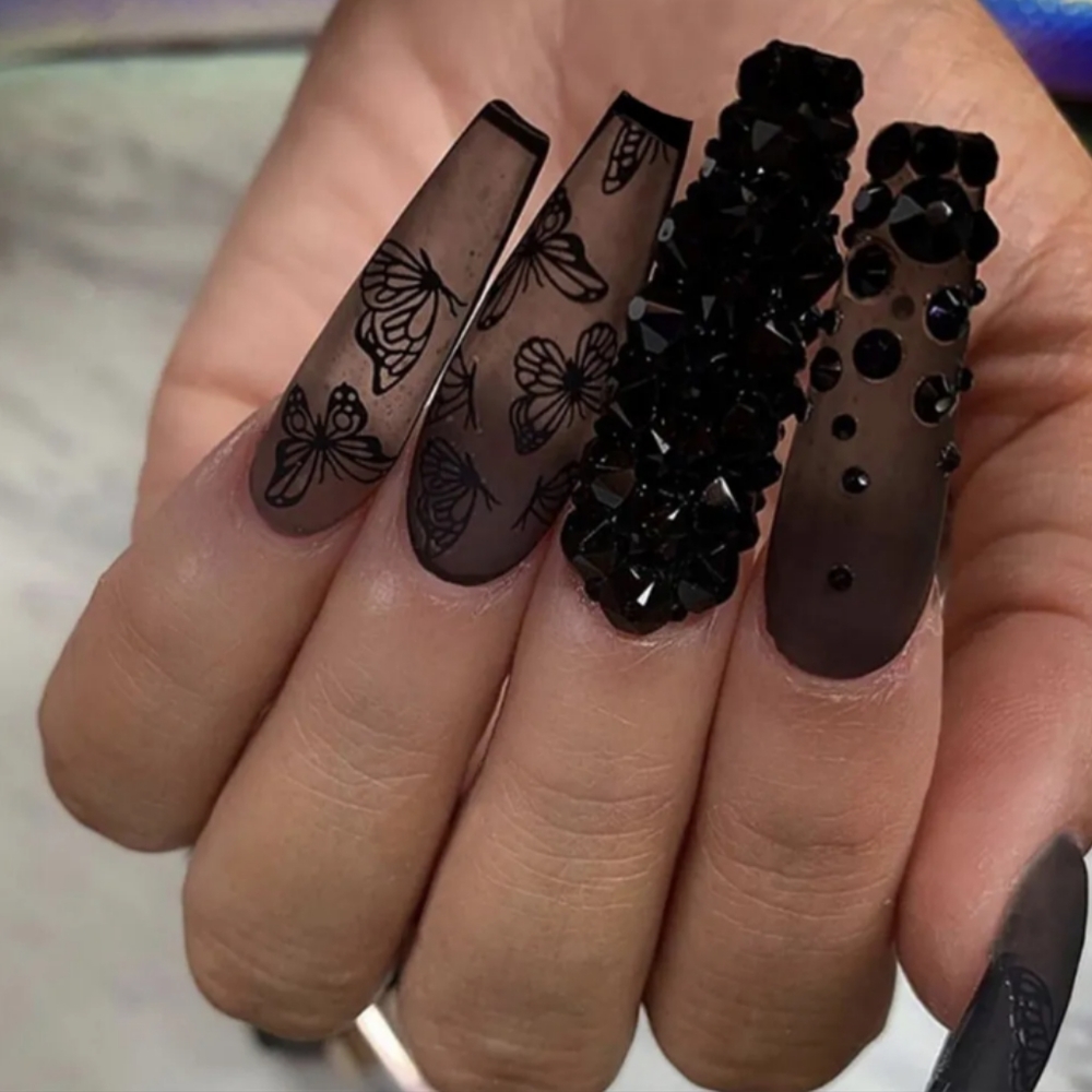 Nail Butterfly False Nails Art Salon 24pcs Long Coffin Nails Black